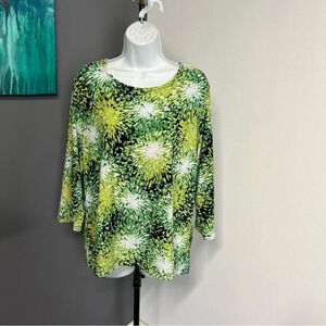 JM Collection Women’s XL Popover Top Green Print Textured Colorful Slinky Artsy